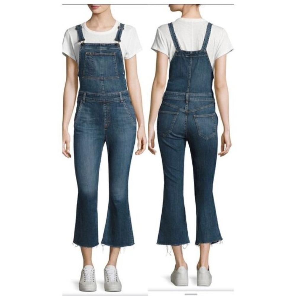 Rag & Bone Jean‎ Women Dark Wash Cropped Flare Denim Overalls Size S XS  Raw Hem
